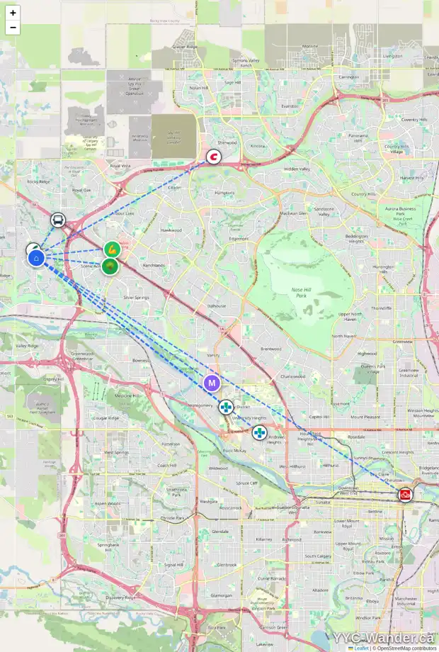 Daily accessibility map for 141 TUSCANY RIDGE PA NW, Calgary showing nearby schools, grocery stores, parks, LRT stations and nearby amenities