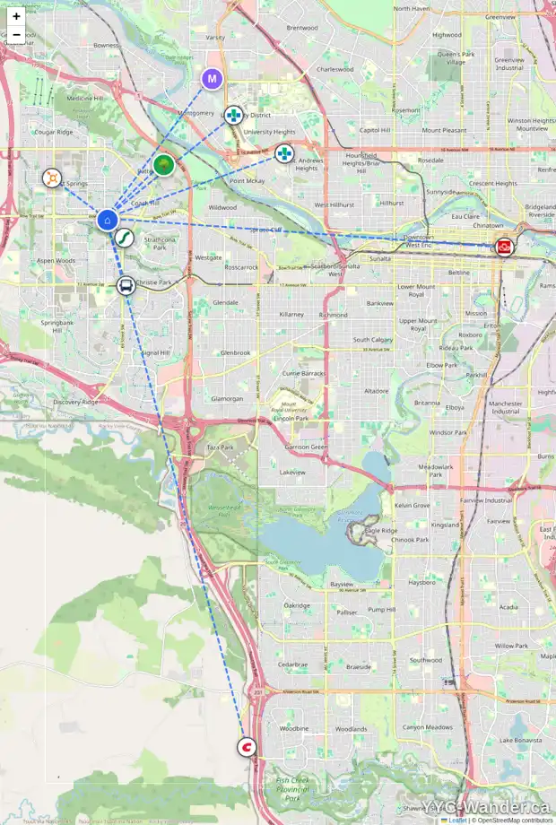 Daily accessibility map for 38 STRATHRIDGE WY SW, Calgary showing nearby schools, grocery stores, parks, LRT stations and nearby amenities