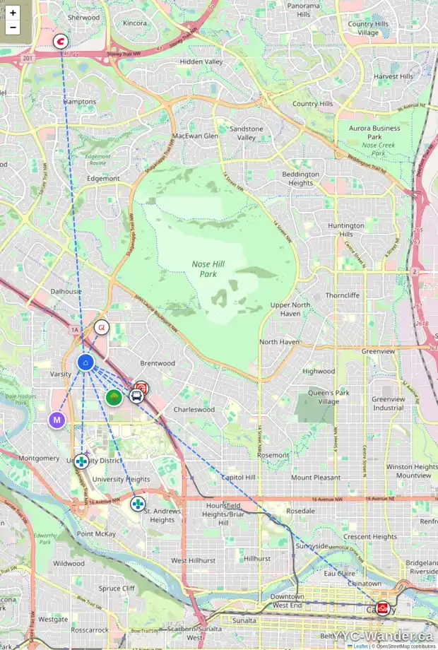 Daily accessibility map for 4532 41 ST NW, Calgary showing nearby schools, grocery stores, parks, LRT stations and nearby amenities