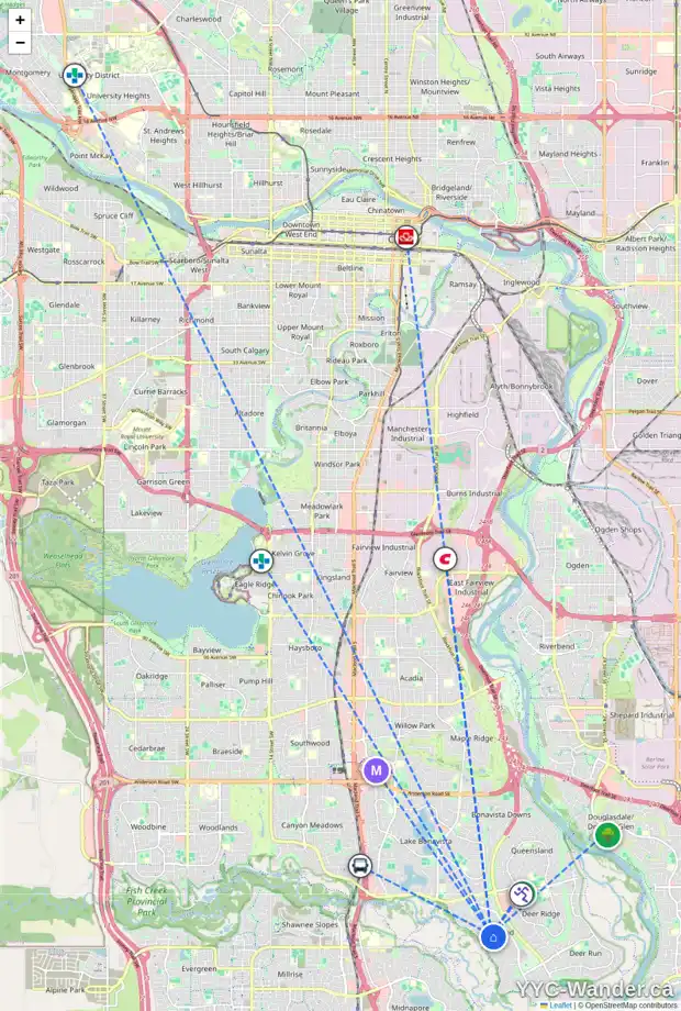 Daily accessibility map for 327 PARKLAND WY SE, Calgary showing nearby schools, grocery stores, parks, LRT stations and nearby amenities