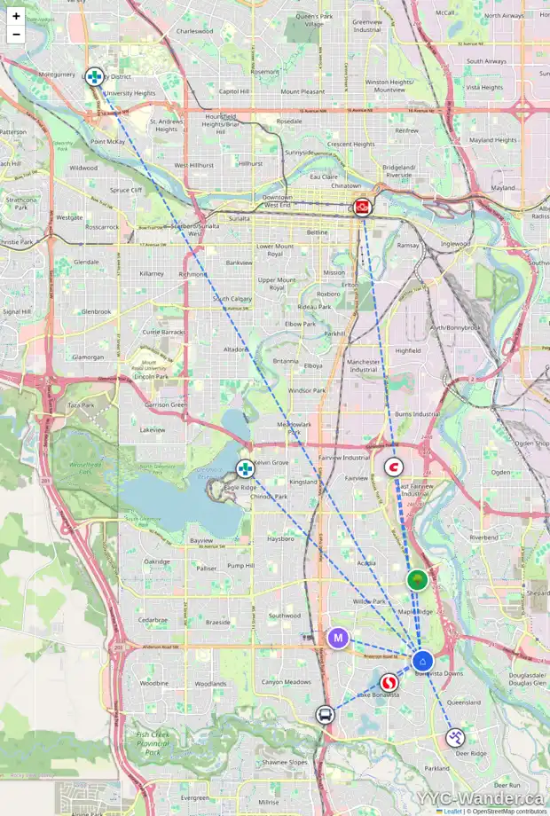 Daily accessibility map for 132 LAKE WAPTA RI SE, Calgary showing nearby schools, grocery stores, parks, LRT stations and nearby amenities