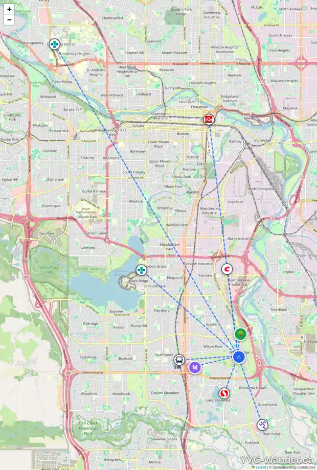Daily accessibility map for 10723 MAPLEBEND DR SE, Calgary showing nearby schools, grocery stores, parks, LRT stations and nearby amenities