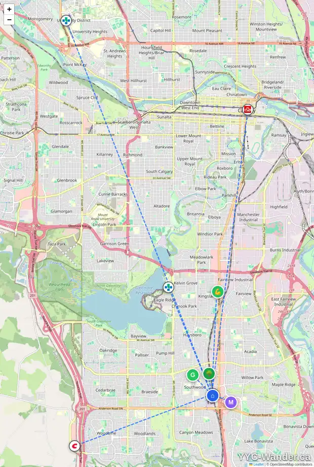 Daily accessibility map for 228 SABRINA BA SW, Calgary showing nearby schools, grocery stores, parks, LRT stations and nearby amenities
