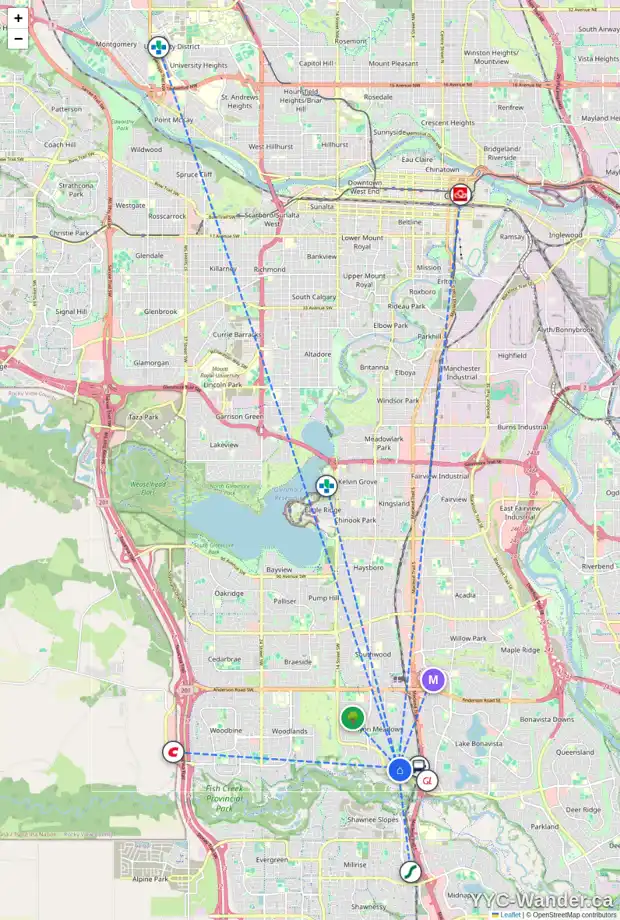 Daily accessibility map for 13111 6 ST SW, Calgary showing nearby schools, grocery stores, parks, LRT stations and nearby amenities
