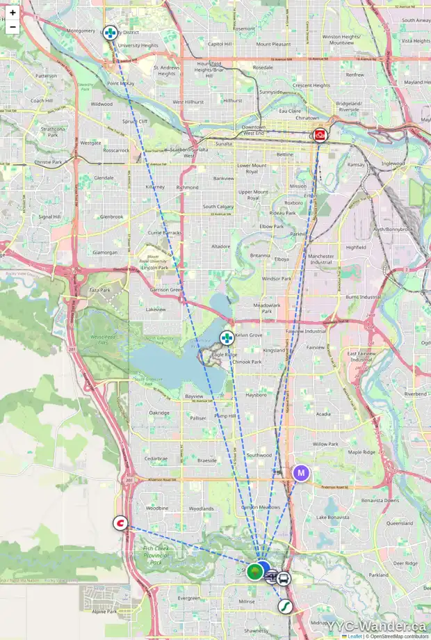 Daily accessibility map for 223 SHAWNEE ME SW, Calgary showing nearby schools, grocery stores, parks, LRT stations and nearby amenities