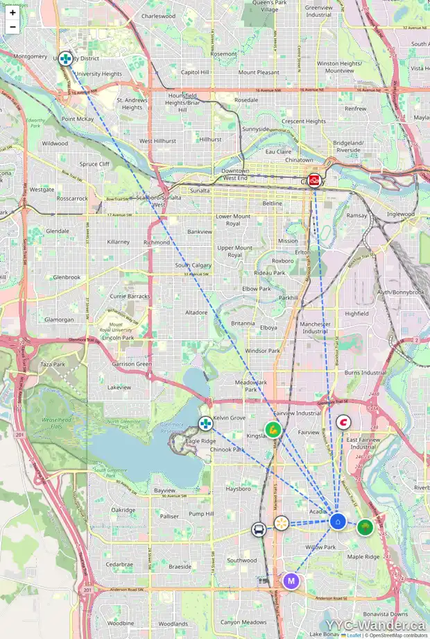 Daily accessibility map for 515 ACADIA DR SE, Calgary showing nearby schools, grocery stores, parks, LRT stations and nearby amenities