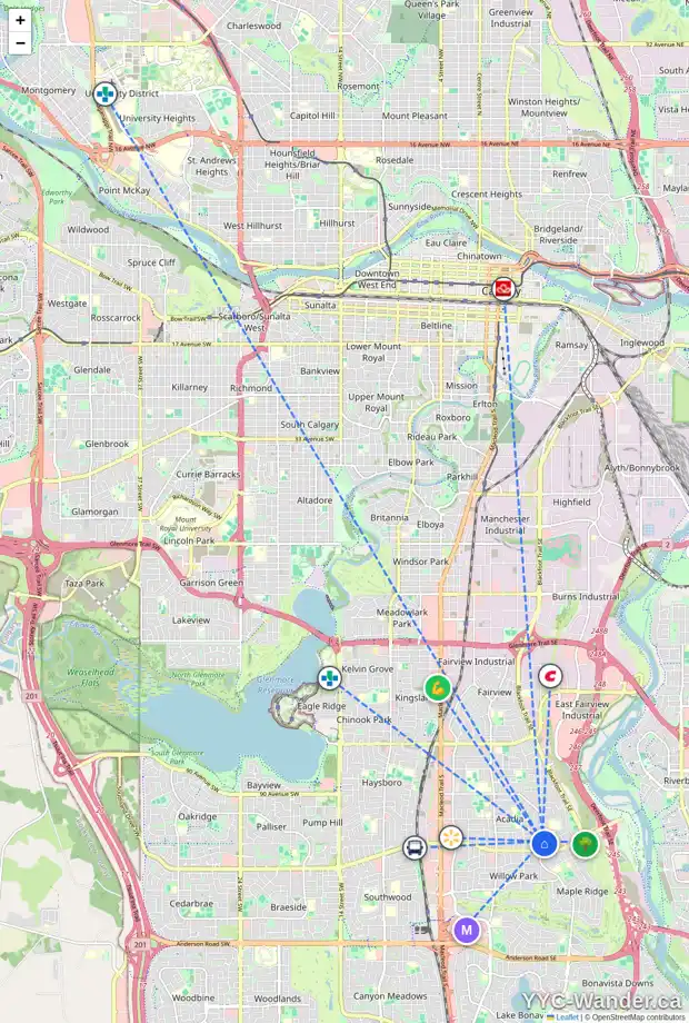 Daily accessibility map for 560 ACADIA DR SE, Calgary showing nearby schools, grocery stores, parks, LRT stations and nearby amenities