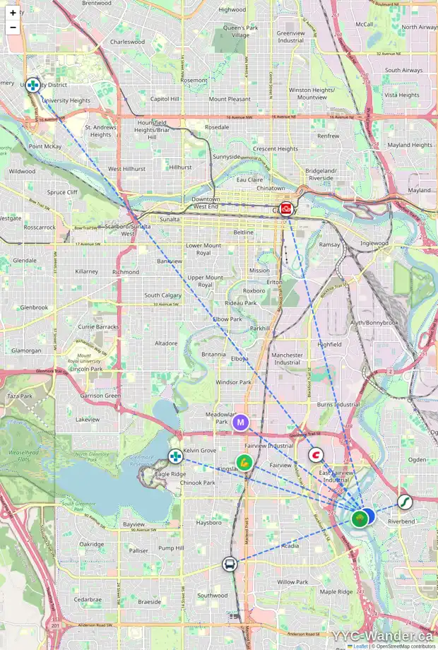 Daily accessibility map for 151 RIVERSIDE CL SE, Calgary showing nearby schools, grocery stores, parks, LRT stations and nearby amenities