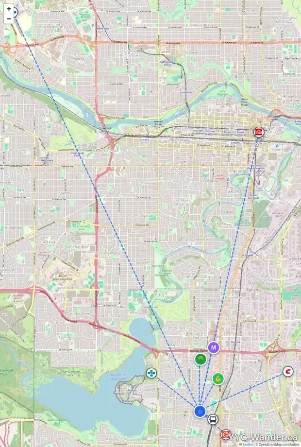 Daily accessibility map for 71 KELVIN PL SW, Calgary showing nearby schools, grocery stores, parks, LRT stations and nearby amenities