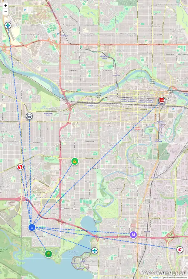 Daily accessibility map for 6211 LEWIS DR SW, Calgary showing nearby schools, grocery stores, parks, LRT stations and nearby amenities