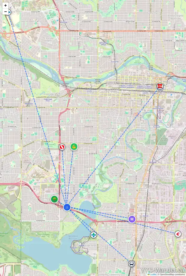 Daily accessibility map for 2316 LANGRIVILLE DR SW, Calgary showing nearby schools, grocery stores, parks, LRT stations and nearby amenities