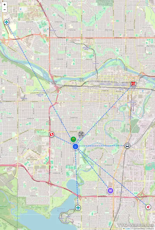 Daily accessibility map for 4119 15A ST SW, Calgary showing nearby schools, grocery stores, parks, LRT stations and nearby amenities