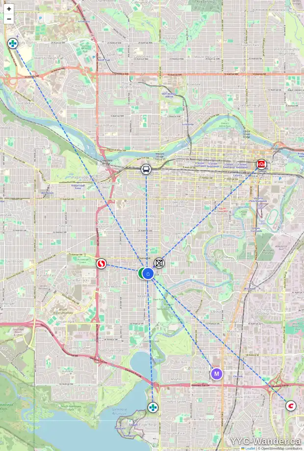 Daily accessibility map for 3815 15A ST SW, Calgary showing nearby schools, grocery stores, parks, LRT stations and nearby amenities