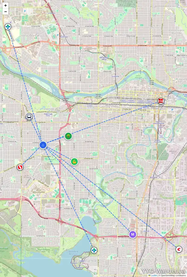 Daily accessibility map for 2817 28 ST SW, Calgary showing nearby schools, grocery stores, parks, LRT stations and nearby amenities