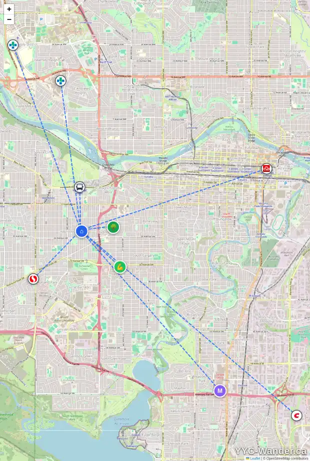Daily accessibility map for 2436 26A ST SW, Calgary showing nearby schools, grocery stores, parks, LRT stations and nearby amenities