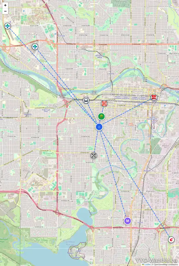 Daily accessibility map for 1953 12 ST SW, Calgary showing nearby schools, grocery stores, parks, LRT stations and nearby amenities