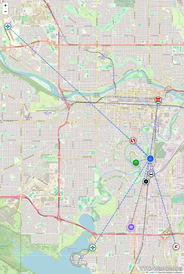 Daily accessibility map for 44 34 AV SW, Calgary showing nearby schools, grocery stores, parks, LRT stations and nearby amenities