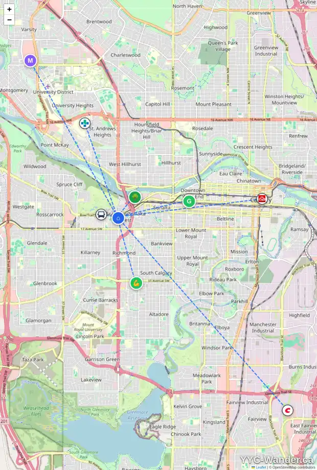 Daily accessibility map for 1409 24 ST SW, Calgary showing nearby schools, grocery stores, parks, LRT stations and nearby amenities