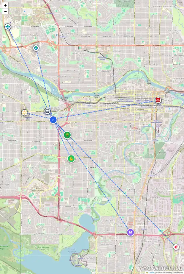 Daily accessibility map for 1728 25A ST SW, Calgary showing nearby schools, grocery stores, parks, LRT stations and nearby amenities