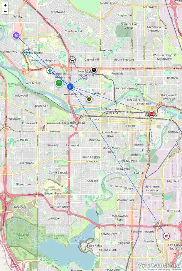 Daily accessibility map for 2449R 7 AV NW, Calgary showing nearby schools, grocery stores, parks, LRT stations and nearby amenities
