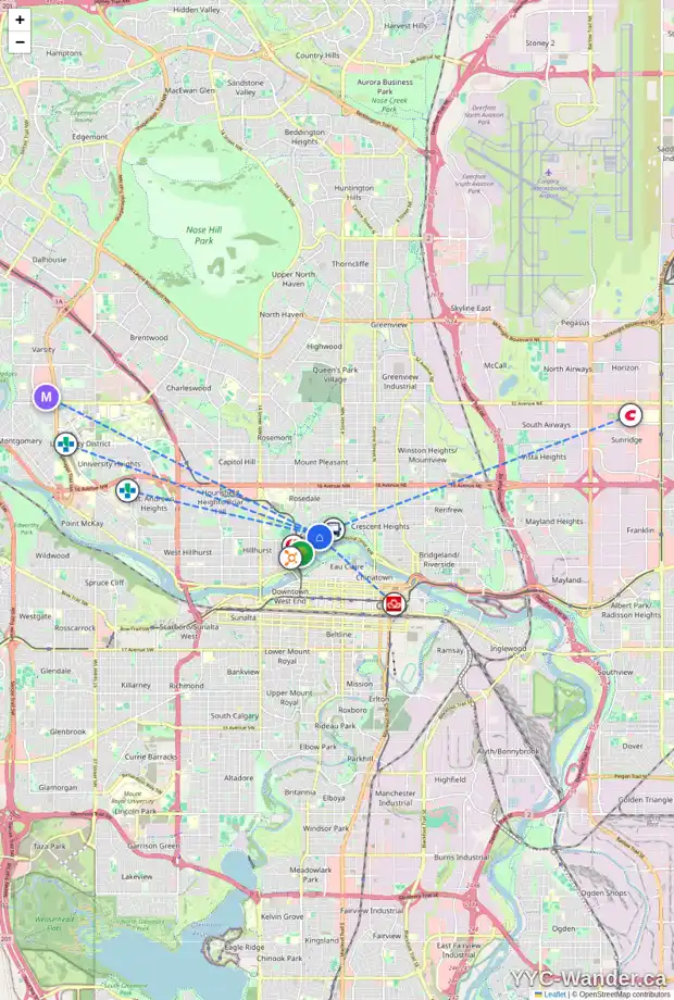 Daily accessibility map for 2 708 2 AV NW, Calgary showing nearby schools, grocery stores, parks, LRT stations and nearby amenities