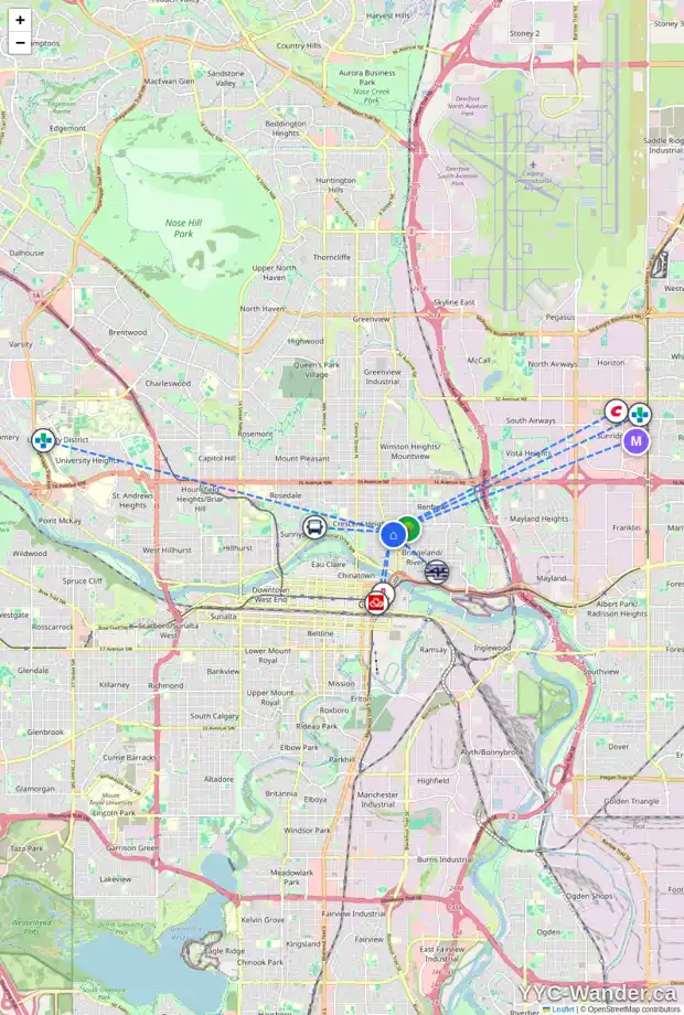 Daily accessibility map for 728 4 ST NE, Calgary showing nearby schools, grocery stores, parks, LRT stations and nearby amenities
