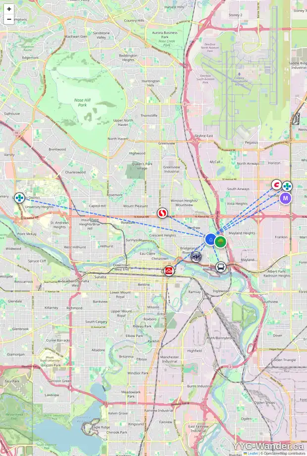 Daily accessibility map for 1311 8 AV NE, Calgary showing nearby schools, grocery stores, parks, LRT stations and nearby amenities