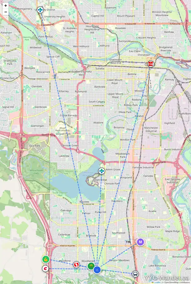 Daily accessibility map for 3 WOODGREEN DR SW, Calgary showing nearby schools, grocery stores, parks, LRT stations and nearby amenities