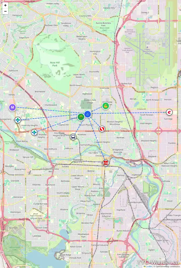 Daily accessibility map for 649 29 AV NW, Calgary showing nearby schools, grocery stores, parks, LRT stations and nearby amenities