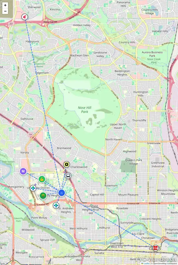 Daily accessibility map for 2915 UNDERHILL DR NW, Calgary showing nearby schools, grocery stores, parks, LRT stations and nearby amenities