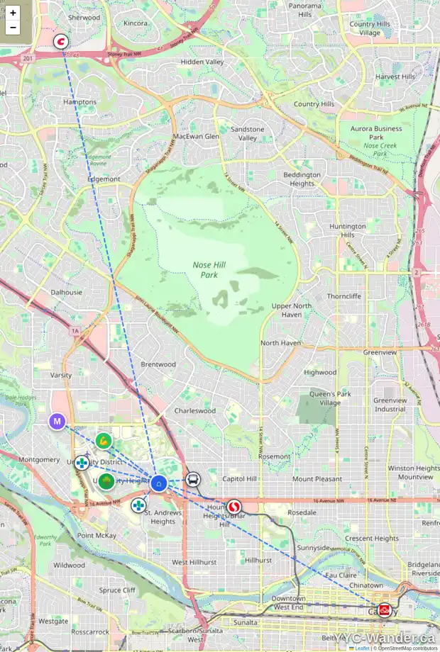 Daily accessibility map for 2010 ULSTER RD NW, Calgary showing nearby schools, grocery stores, parks, LRT stations and nearby amenities