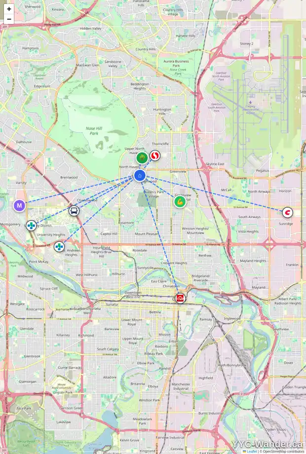 Daily accessibility map for 121 HOLMWOOD AV NW, Calgary showing nearby schools, grocery stores, parks, LRT stations and nearby amenities