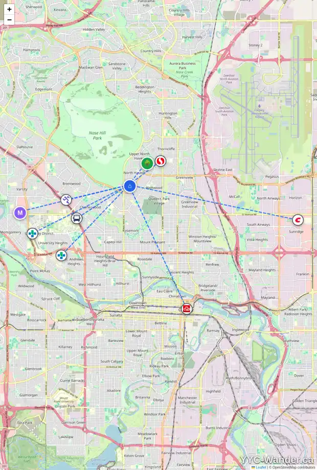 Daily accessibility map for 4615 NORTH HAVEN DR NW, Calgary showing nearby schools, grocery stores, parks, LRT stations and nearby amenities