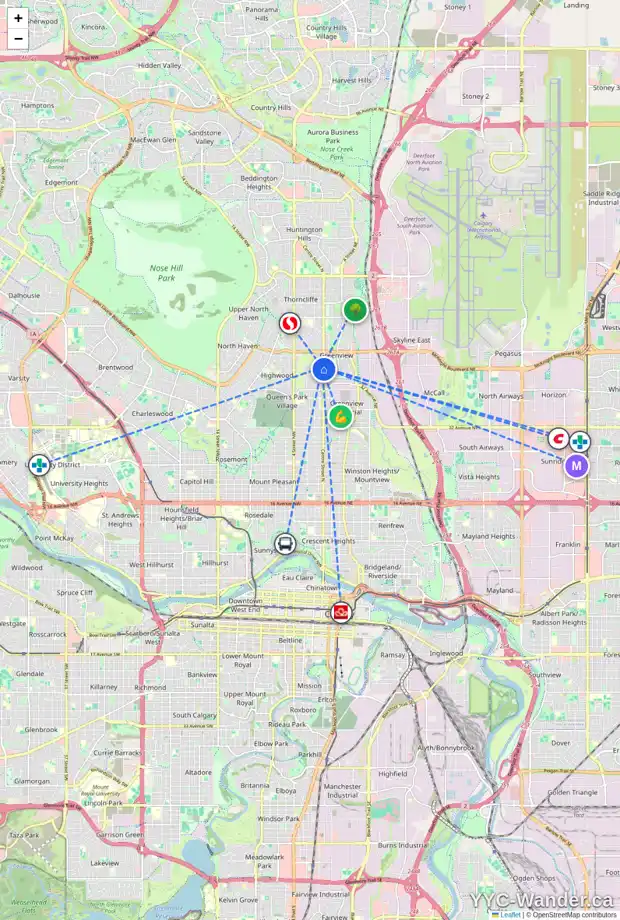 Daily accessibility map for 4519 CENTRE ST NW, Calgary showing nearby schools, grocery stores, parks, LRT stations and nearby amenities