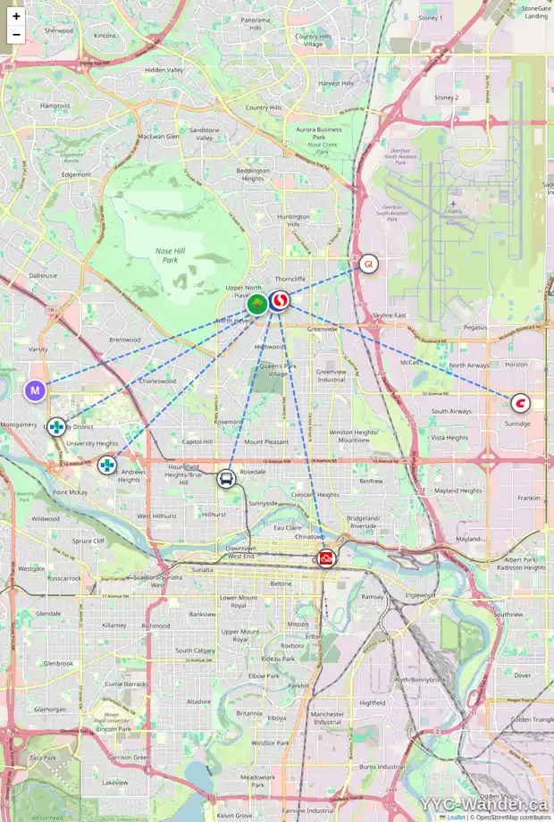 Daily accessibility map for 551 THORNEYCROFT DR NW, Calgary showing nearby schools, grocery stores, parks, LRT stations and nearby amenities