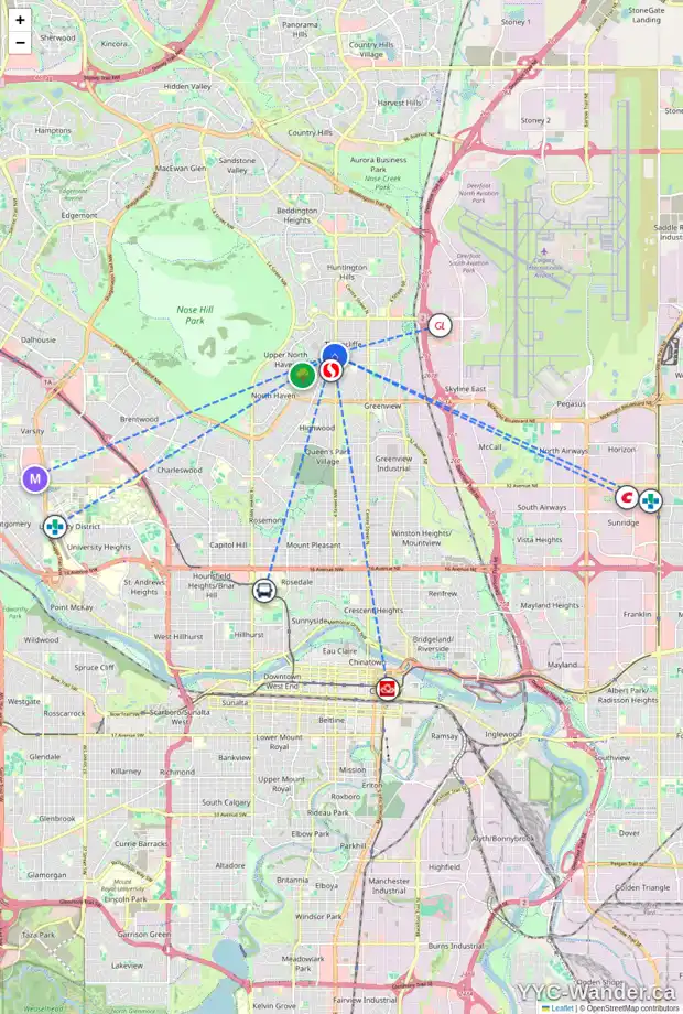 Daily accessibility map for 5 SIMONS CR NW, Calgary showing nearby schools, grocery stores, parks, LRT stations and nearby amenities
