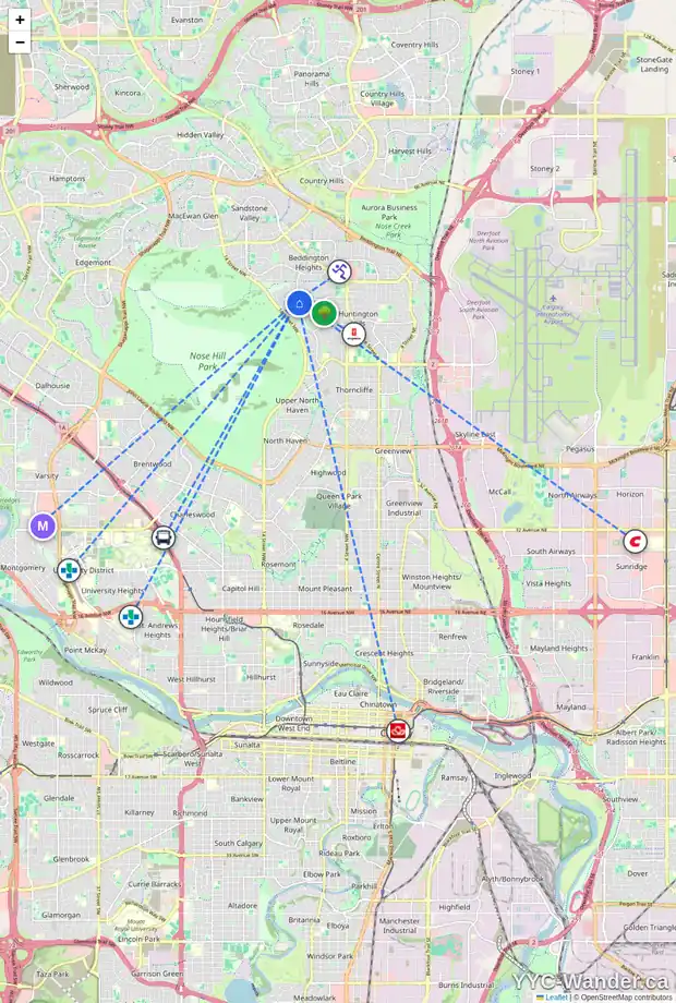 Daily accessibility map for 7723 HUNTERVIEW DR NW, Calgary showing nearby schools, grocery stores, parks, LRT stations and nearby amenities