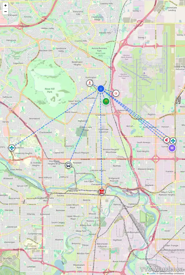 Daily accessibility map for 6723 HUNTCHESTER RD NE, Calgary showing nearby schools, grocery stores, parks, LRT stations and nearby amenities