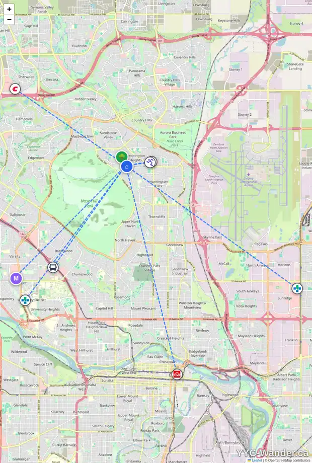 Daily accessibility map for 75 BERMONDSEY RI NW, Calgary showing nearby schools, grocery stores, parks, LRT stations and nearby amenities