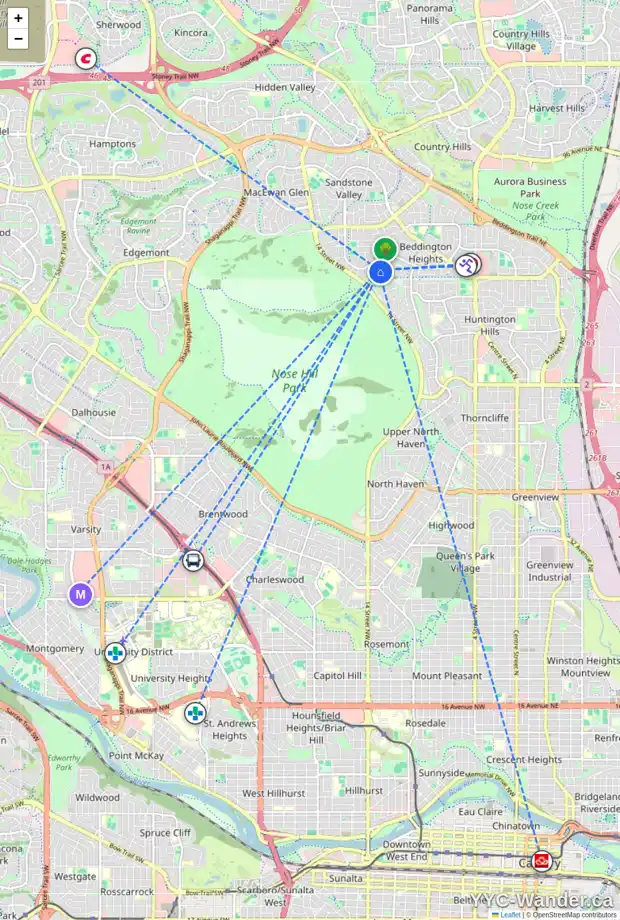 Daily accessibility map for 20 BERMONDSEY CO NW, Calgary showing nearby schools, grocery stores, parks, LRT stations and nearby amenities