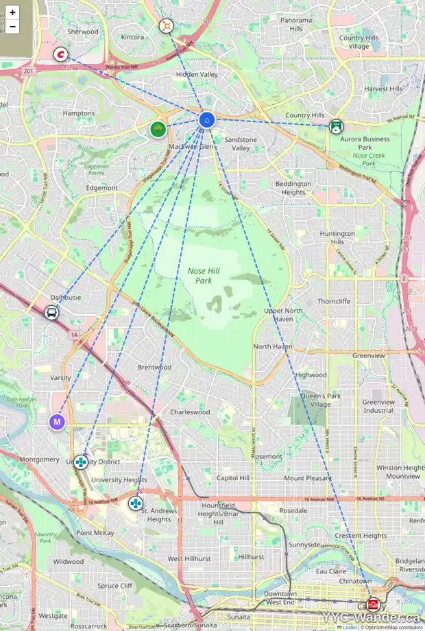 Daily accessibility map for 103 MACEWAN VALLEY ME NW, Calgary showing nearby schools, grocery stores, parks, LRT stations and nearby amenities