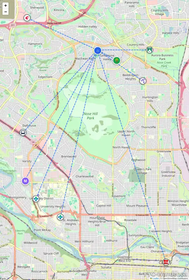Daily accessibility map for 364 SANDARAC DR NW, Calgary showing nearby schools, grocery stores, parks, LRT stations and nearby amenities