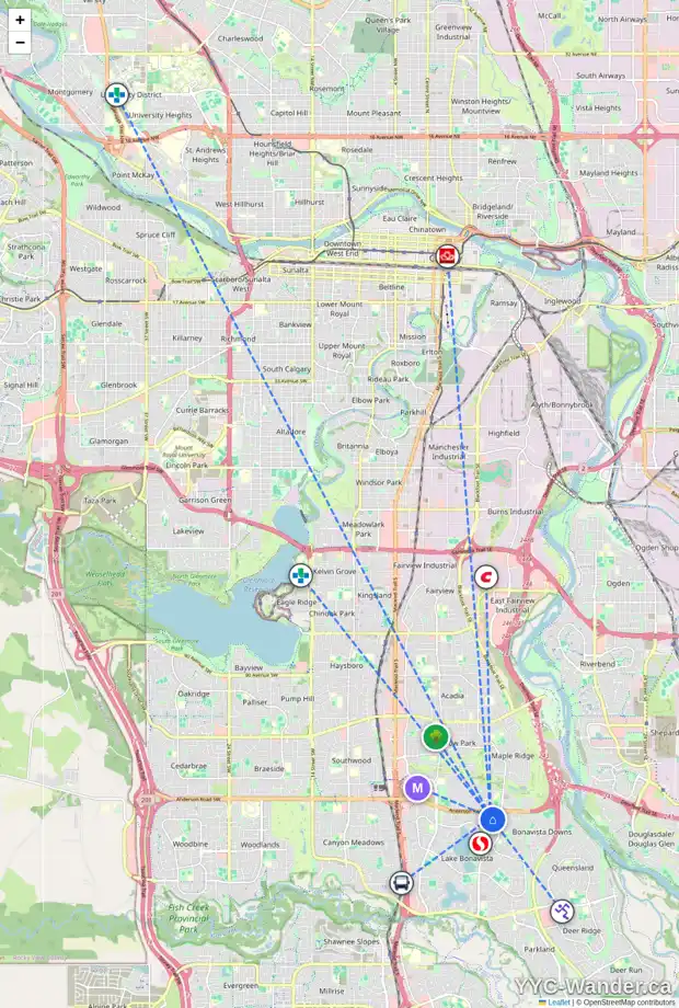 Daily accessibility map for 76 LAKE EMERALD RD SE, Calgary showing nearby schools, grocery stores, parks, LRT stations and nearby amenities