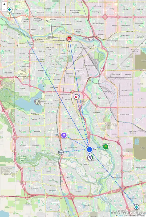 Daily accessibility map for 503 QUEENSLAND DR SE, Calgary showing nearby schools, grocery stores, parks, LRT stations and nearby amenities