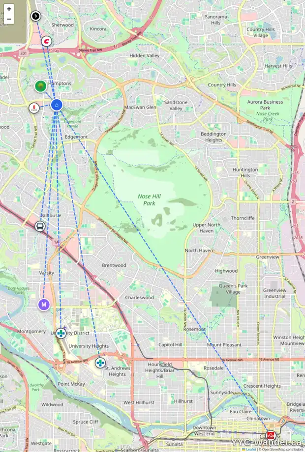 Daily accessibility map for 222 EDGERIDGE PL NW, Calgary showing nearby schools, grocery stores, parks, LRT stations and nearby amenities