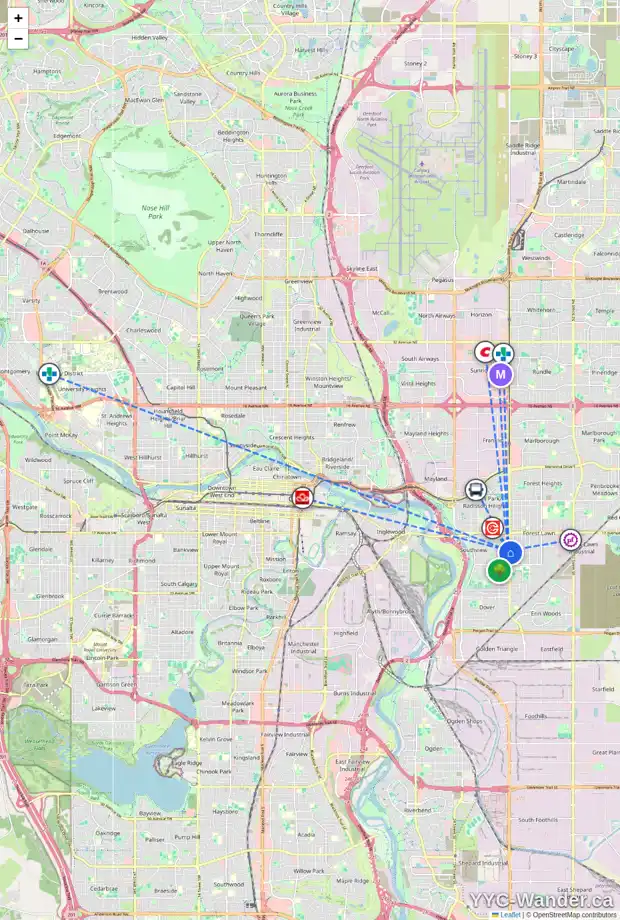 Daily accessibility map for 2227 36 ST SE, Calgary showing nearby schools, grocery stores, parks, LRT stations and nearby amenities