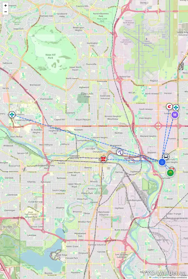 Daily accessibility map for 2557 9 AV SE, Calgary showing nearby schools, grocery stores, parks, LRT stations and nearby amenities