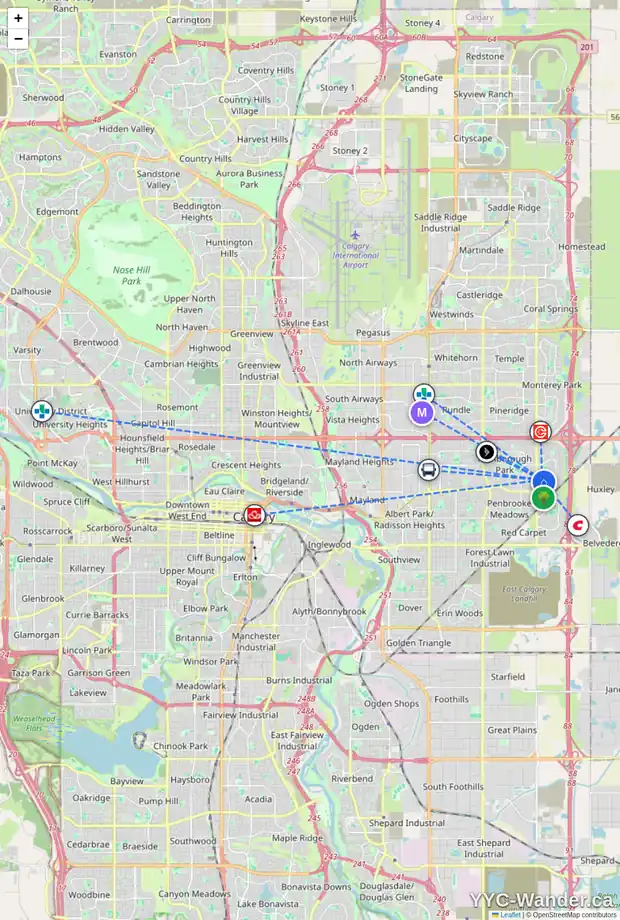 Daily accessibility map for 6907 4 AV NE, Calgary showing nearby schools, grocery stores, parks, LRT stations and nearby amenities
