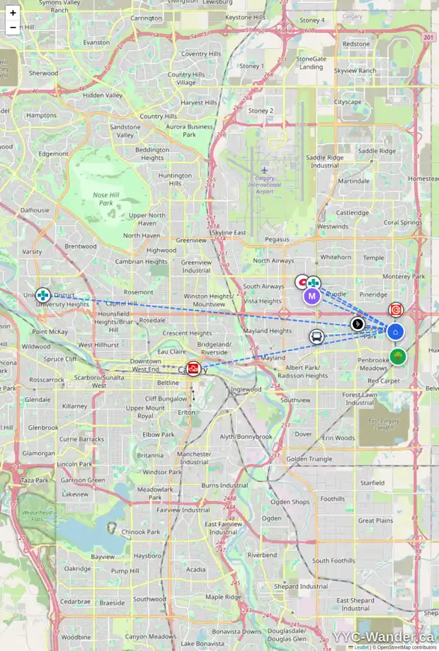 Daily accessibility map for 585 ABOYNE CR NE, Calgary showing nearby schools, grocery stores, parks, LRT stations and nearby amenities