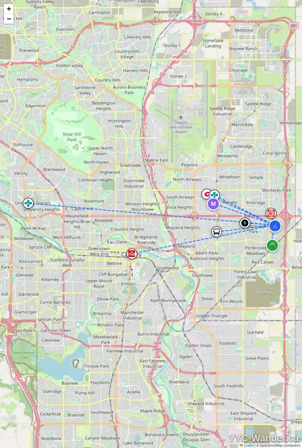 Daily accessibility map for 257 ABOYNE PL NE, Calgary showing nearby schools, grocery stores, parks, LRT stations and nearby amenities